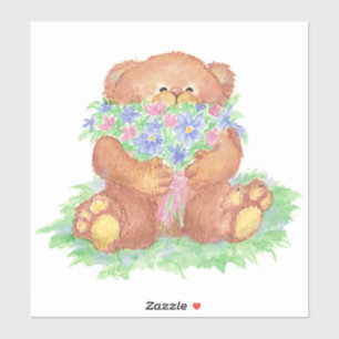 Niedlich Teddy Bear Holding Blume Bouquet Aufkleber