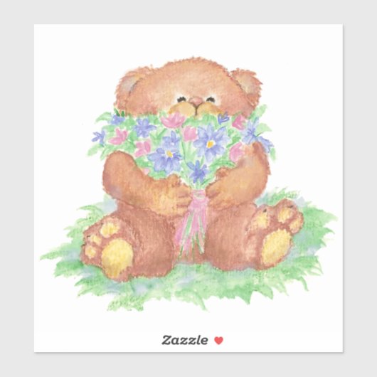 Niedlich Teddy Bear Holding Blume Bouquet Aufkleber (Blatt)