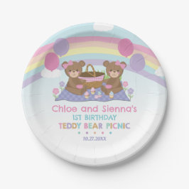 Niedlich Teddy Bear Picnic Rainbow Twins Girl Gebu Pappteller