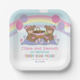 Niedlich Teddy Bear Picnic Rainbow Twins Girl Gebu Pappteller