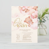 Niedlich Teddy Bear Pink Balloons Baby Girl Dusche Einladung (Stehend Vorderseite)