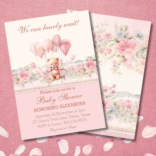 Niedlich Teddy Bearly Wait Pink Girl Baby Dusche Einladung