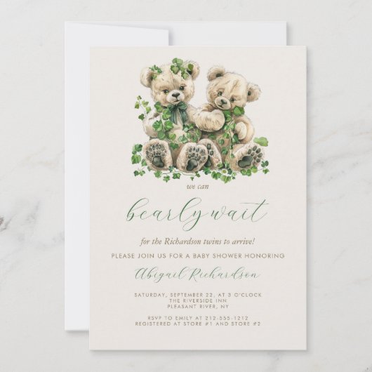 Niedlich Teddy Bears Green Ivy Twins Baby Dusche Einladung (Vorderseite)