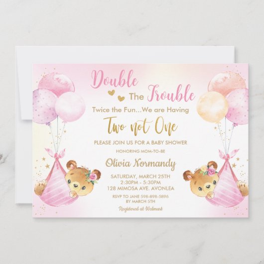 Niedlich Teddy Bears Twin Girls Twin Pink Baby Dus Einladung (Vorderseite)