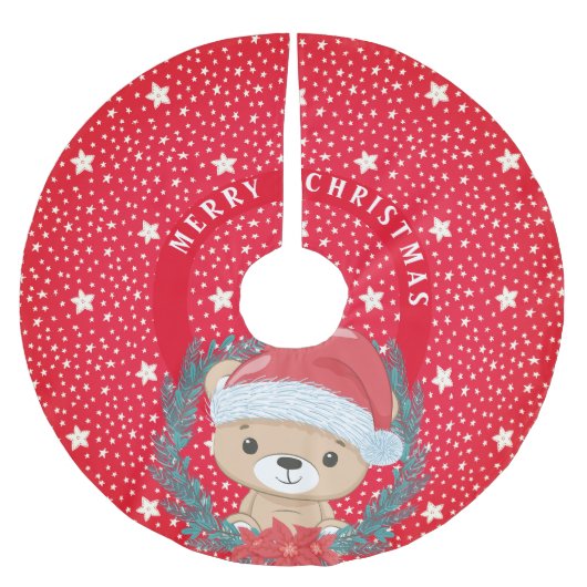 Niedlich Teddy Red and White Stars Frohe Weihnacht Polyester Weihnachtsbaumdecke (Vorderseite)