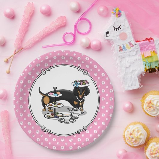 Niedlich Tee Party Dackel Hund (schwarz & tan) Fun Pappteller (Party)