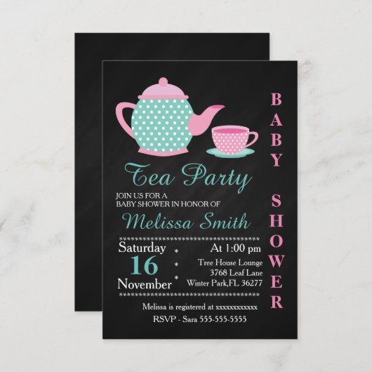 Niedlich Tee-Party Kinderdusche Einladung (Vorne/Hinten)
