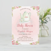 Niedlich Teekanne Floral Baby Dusche Einladung (Stehend Vorderseite)