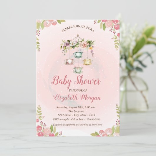 Niedlich Teekanne Frühlingsblumen Kinderdusche Einladung (Stehend Vorderseite)