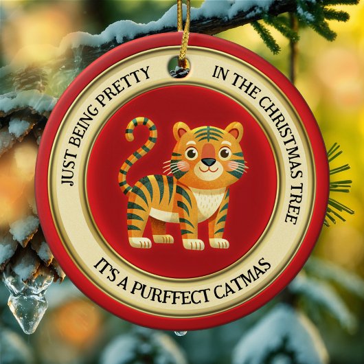 Niedlich Tiger Cat Illustriert Weihnachten Keramik Ornament