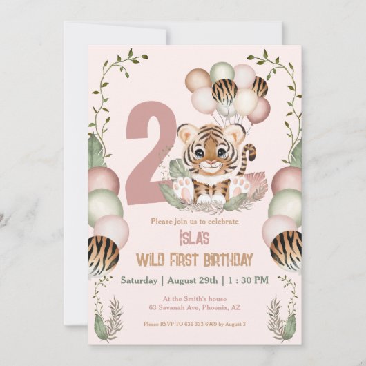 Niedlich Tiger Safari Pink Two Wild Girl 2. Geburt Einladung (Vorderseite)