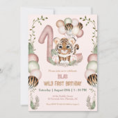 Niedlich Tiger Safari Pink Wild One Girl 1. Geburt Einladung (Vorderseite)