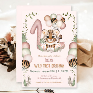 Niedlich Tiger Safari Pink Wild One Girl 1. Geburt Einladung