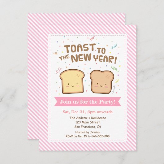Niedlich Toast zu Neujahr Pun Confetti Party Einladung (Vorne/Hinten)