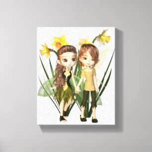 Niedlich Toon Daffodil Fairy Boy and Girl Leinwanddruck