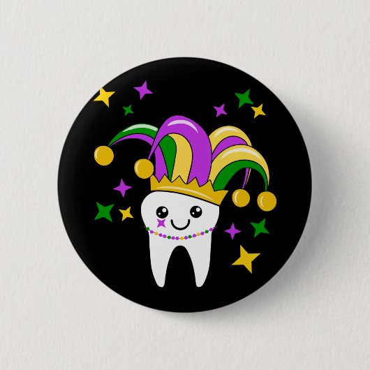 Niedlich Tooth Jester Hat Mardi Gras _ Funny Denti Button (Vorderseite)