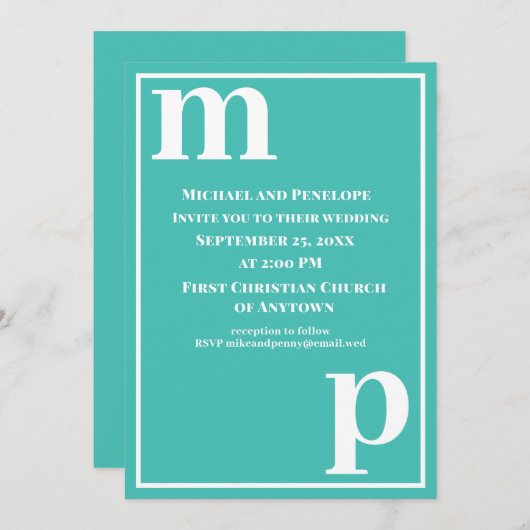Niedlich Trendy Monogram Türkise Blue Wedding Einladung (Vorne/Hinten)