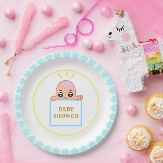 Niedlich Türkis Hearts Baby Dusche Pappteller (Party)