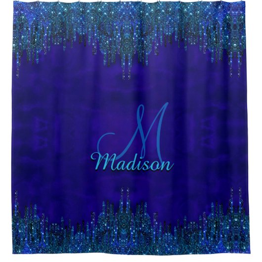 Niedlich-Türkis Unicorn Glitzer Tropfen Monogramm Duschvorhang (Vorderseite)