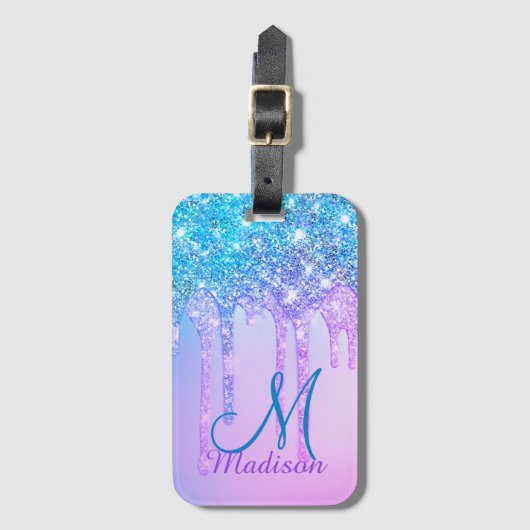 Niedlich-Türkis-Unicorn-Glitzer-Tropfen-Monogramm Gepäckanhänger (Vorderseite Vertikal)