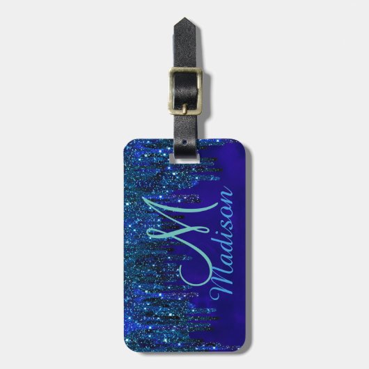 Niedlich-Türkis Unicorn Glitzer Tropfen Monogramm Gepäckanhänger (Vorderseite vertikal)