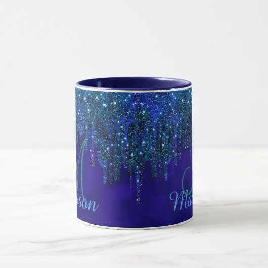 Niedlich-Türkis Unicorn Glitzer Tropfen Monogramm Tasse (Zentrum)