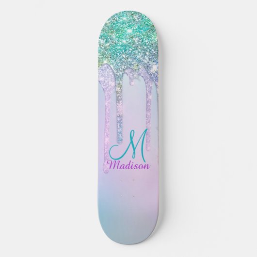 Niedlich Türkis Unicorn Rainbow Glitzer Tropfen Skateboard (Vorderseite)