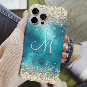 Niedlich türkisfarbene Imitate Glitzer Monogramm C iPhone 16 Pro Hülle
