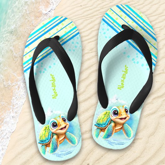 Niedlich Turtle Boy Personalisierter Name Kinderbadesandalen