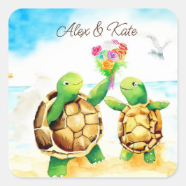 Niedlich Turtle Couple | Romantische Hochzeit Quadratischer Aufkleber