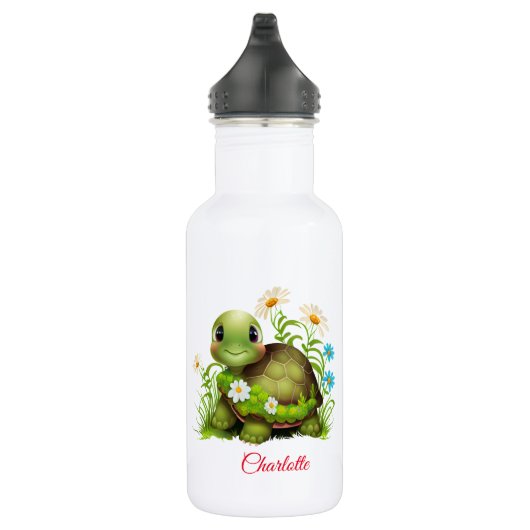 Niedlich Turtle Floral Personalisiert Name Edelstahlflasche (Rechts)