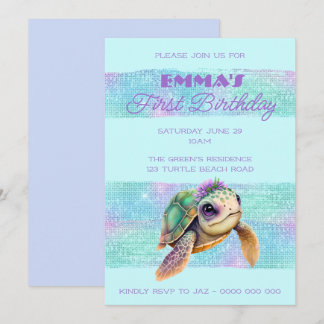 Niedlich Turtle Summer Beach Aqua 1. Geburtstag Einladung