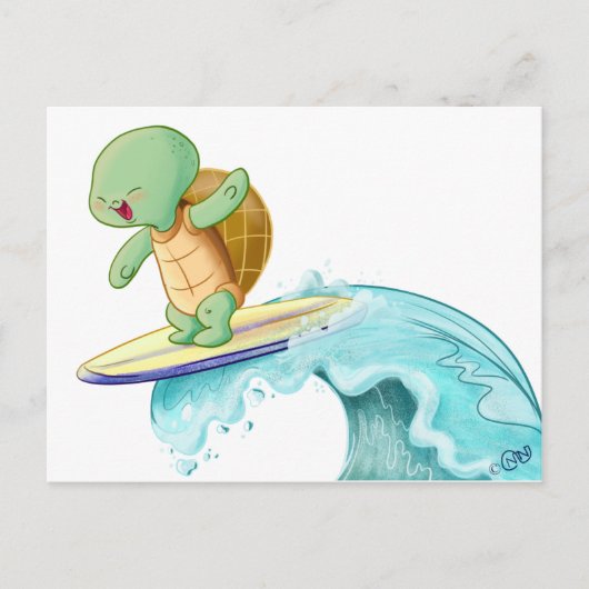 Niedlich Turtle Surfing Kawaii Postcard Postkarte (Vorderseite)