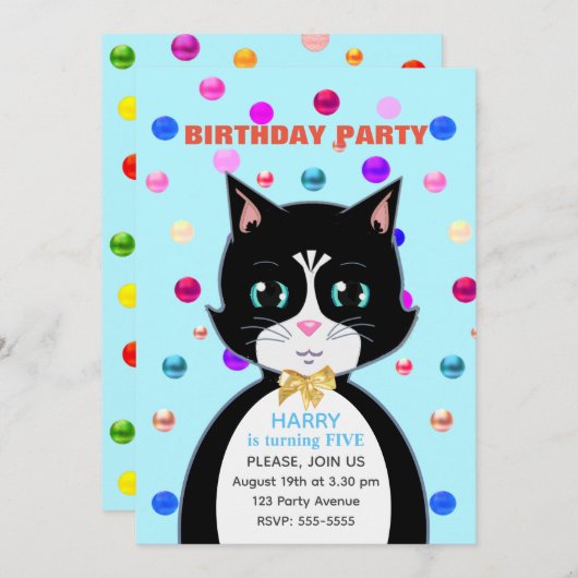 Niedlich Tuxedo Birthday Cat & Multicolor Confetti Einladung (Vorne/Hinten)