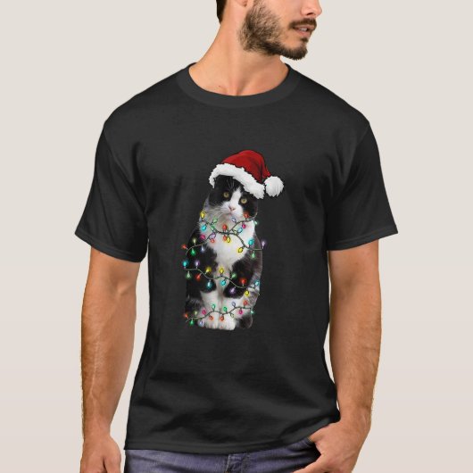 Niedlich Tuxedo Black Cat Christmas Light Cat Chri T-Shirt (Vorderseite)