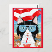 Niedlich Tuxedo Cat Maus Strand Sommerurlaub Postkarte (Vorne/Hinten)