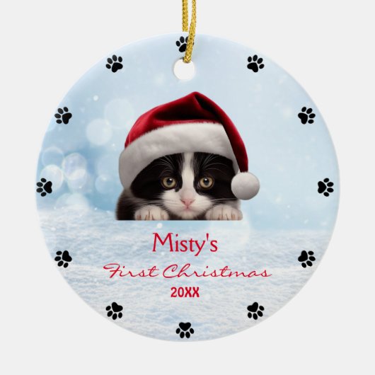 Niedlich Tuxedo Cat Paw Print Personalisiert Keramik Ornament (Vorne)