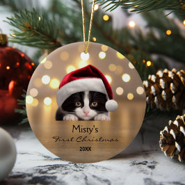 Niedlich Tuxedo Cat Weihnachtsmannmütze Gold Perso Keramik Ornament