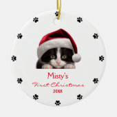 Niedlich Tuxedo Cat Weihnachtsmannmütze Paw Print Keramik Ornament (Vorne)