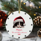 Niedlich Tuxedo Cat Weihnachtsmannmütze Paw Print  Keramik Ornament