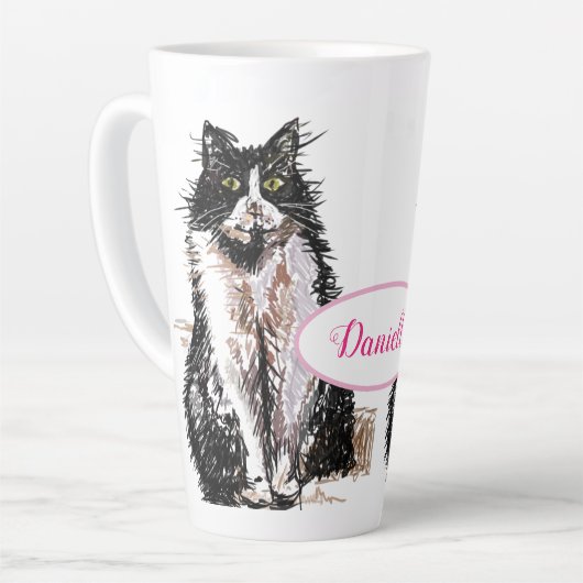 Niedlich Tuxedo Katze Schwarz-weiß Zeichnend Kunst Milchtasse (Linke Ecke)