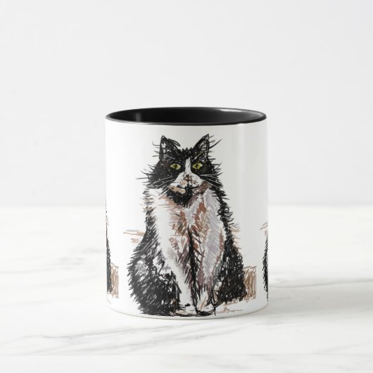 Niedlich Tuxedo Katze Schwarz-weiß Zeichnend Kunst Tasse (Zentrum)