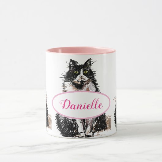 Niedlich Tuxedo Katze Schwarz-weiß Zeichnend Kunst Tasse (Zentrum)