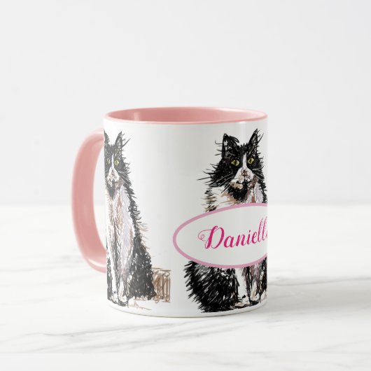 Niedlich Tuxedo Katze Schwarz-weiß Zeichnend Kunst Tasse (Vorderseite Links)