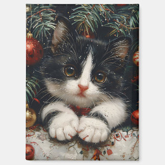 Niedlich Tuxedo Kitten Christmas Cat Art Magnet