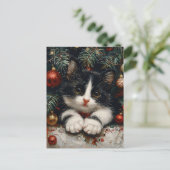 Niedlich Tuxedo Kitten Christmas Cat Art Postkarte (Stehend Vorderseite)