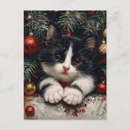 Niedlich Tuxedo Kitten Christmas Cat Art Postkarte (Vorderseite)