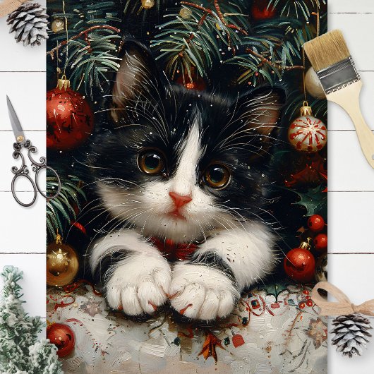 Niedlich Tuxedo Kitten Weihnachtskatze Decoupage Seidenpapier