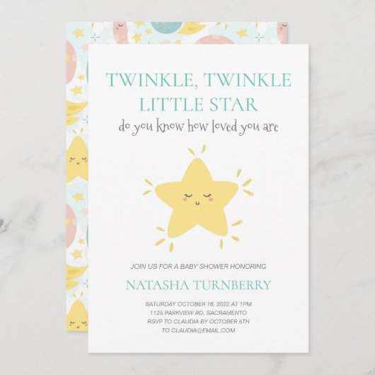 Niedlich Twinkle Twinkle Little Star Baby Dusche Einladung (Vorne/Hinten)