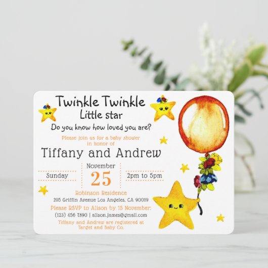 Niedlich Twinkle Twinkle Little Star Co-Babydusche Einladung (Stehend Vorderseite)